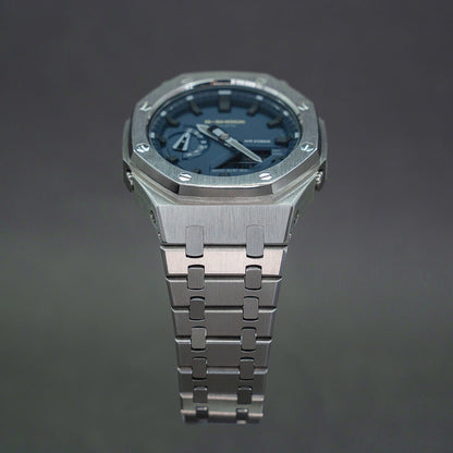 Casioak Mod Watch Gray Case Metal Strap Blue Black Time Mark Blue Dial 44mm - Casioak Studio