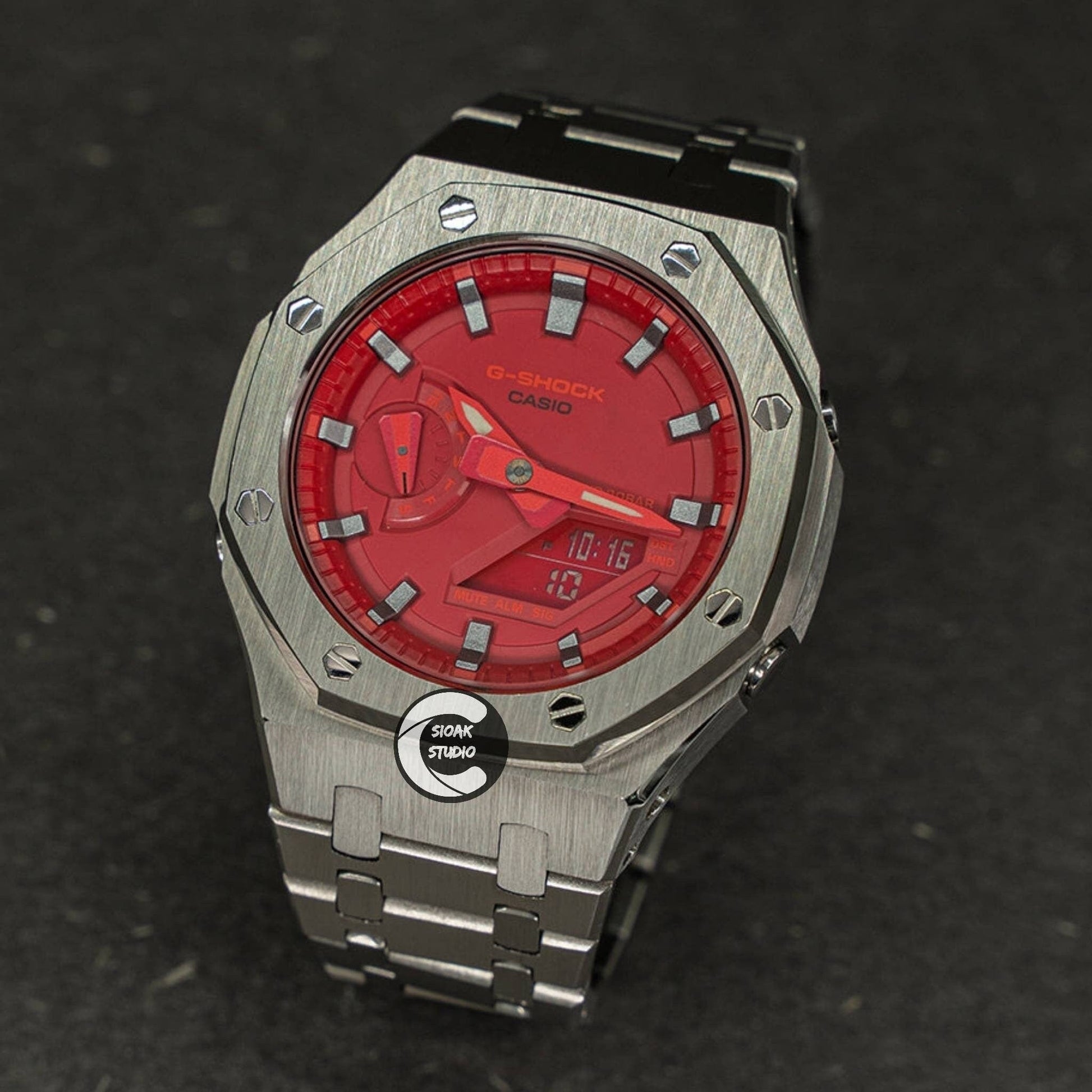 Casioak Mod Watch Silver Case Metal Strap Red Silver Time Mark Red Dial 44mm - Casioak Studio