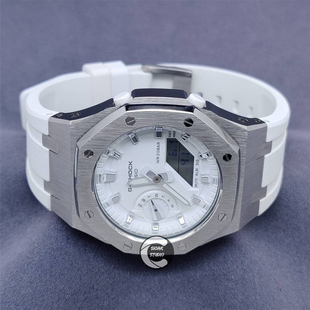 Casioak Mod Watch Silver Case White Rubber Strap White Silver Time Mark Whote Dial 42mm - Casioak Studio