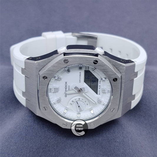 Casioak Mod Watch Silver Case White Rubber Strap White Silver Time Mark Whote Dial 42mm - Casioak Studio