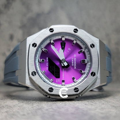 Casioak Mod Watch Silver Case Gray Rubber Strap Silver Time Mark Purple Dial 44mm - Casioak Studio