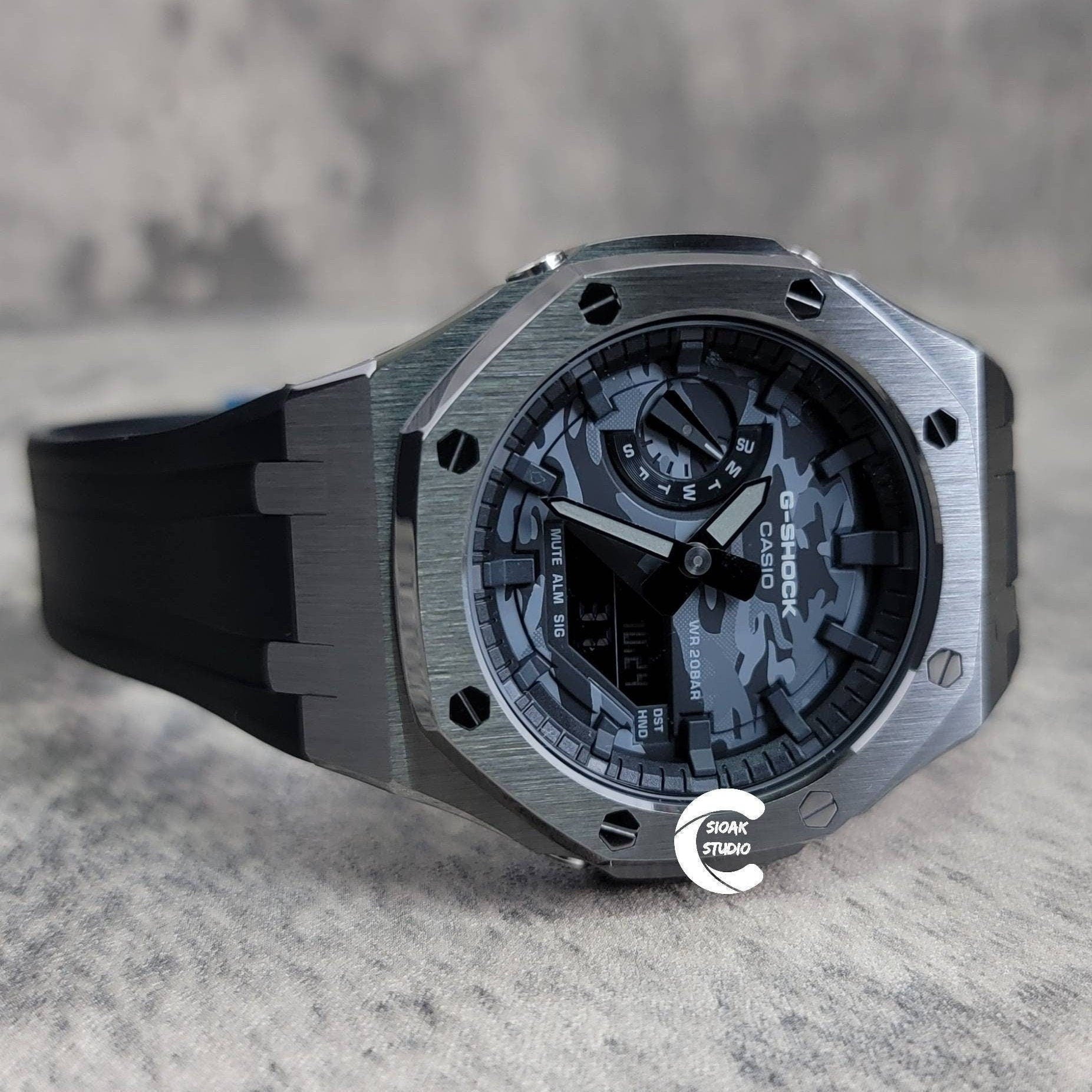 Casioak Mod Watch Gray Case Black Rubber Strap Black Time Mark Camouflage Dial 44mm - Casioak Studio