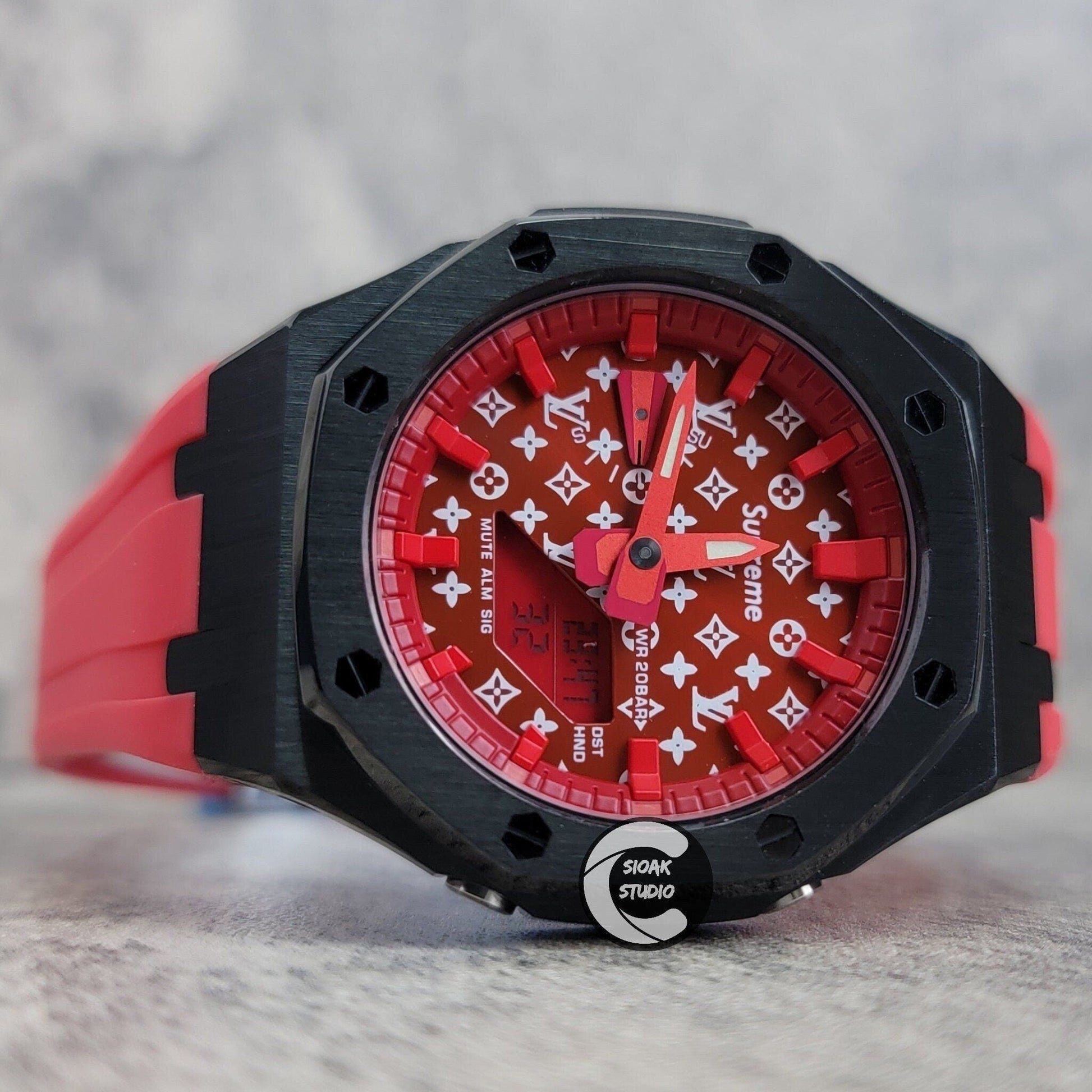 Casioak Mod Watch Black Case Red Rubber Strap Red Time Mark Red Dial 44mm - Casioak Studio