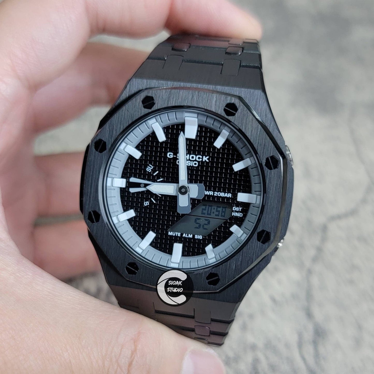 Casioak Mod Watch Black Case Metal Strap Gray White Time Mark Black Waffle Dial 44mm - Casioak Studio