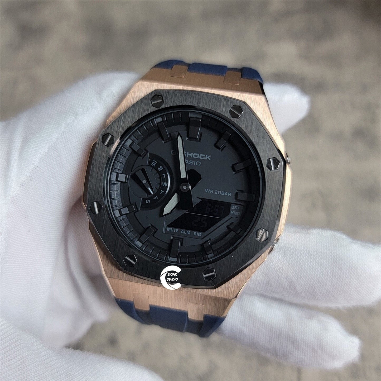 Casioak Mod Watch Blavk Rose Gold Case Blue Rubber Strap Black Time Mark Black Dial 44mm - Casioak Studio