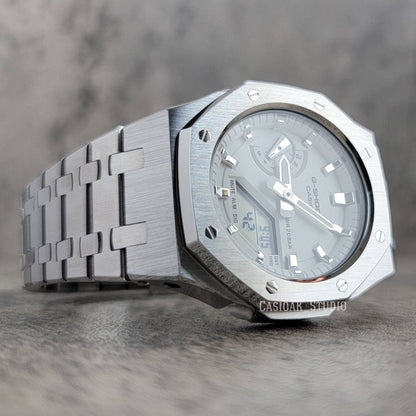 Casioak Mod Watch Silver Case Metal Strap White Silver Time Mark White Dial 42mm - Casioak Studio