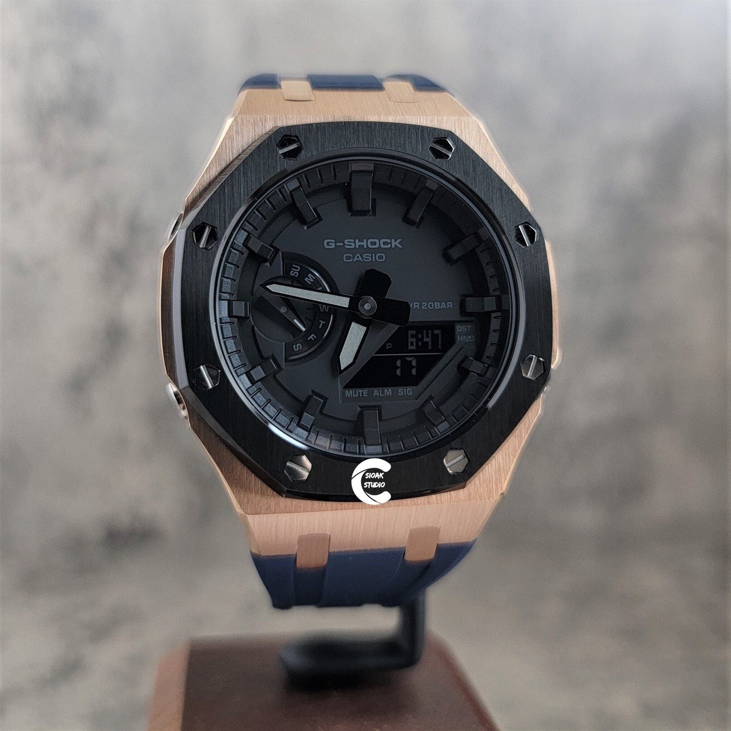 Casioak Mod Watch Blavk Rose Gold Case Blue Rubber Strap Black Time Mark Black Dial 44mm - Casioak Studio