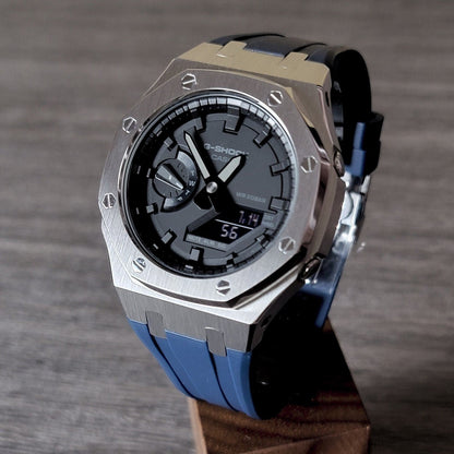 Casioak Mod Watch Silver Case Blue Rubber Strap Black Time Mark Black Dial 44mm - Casioak Studio