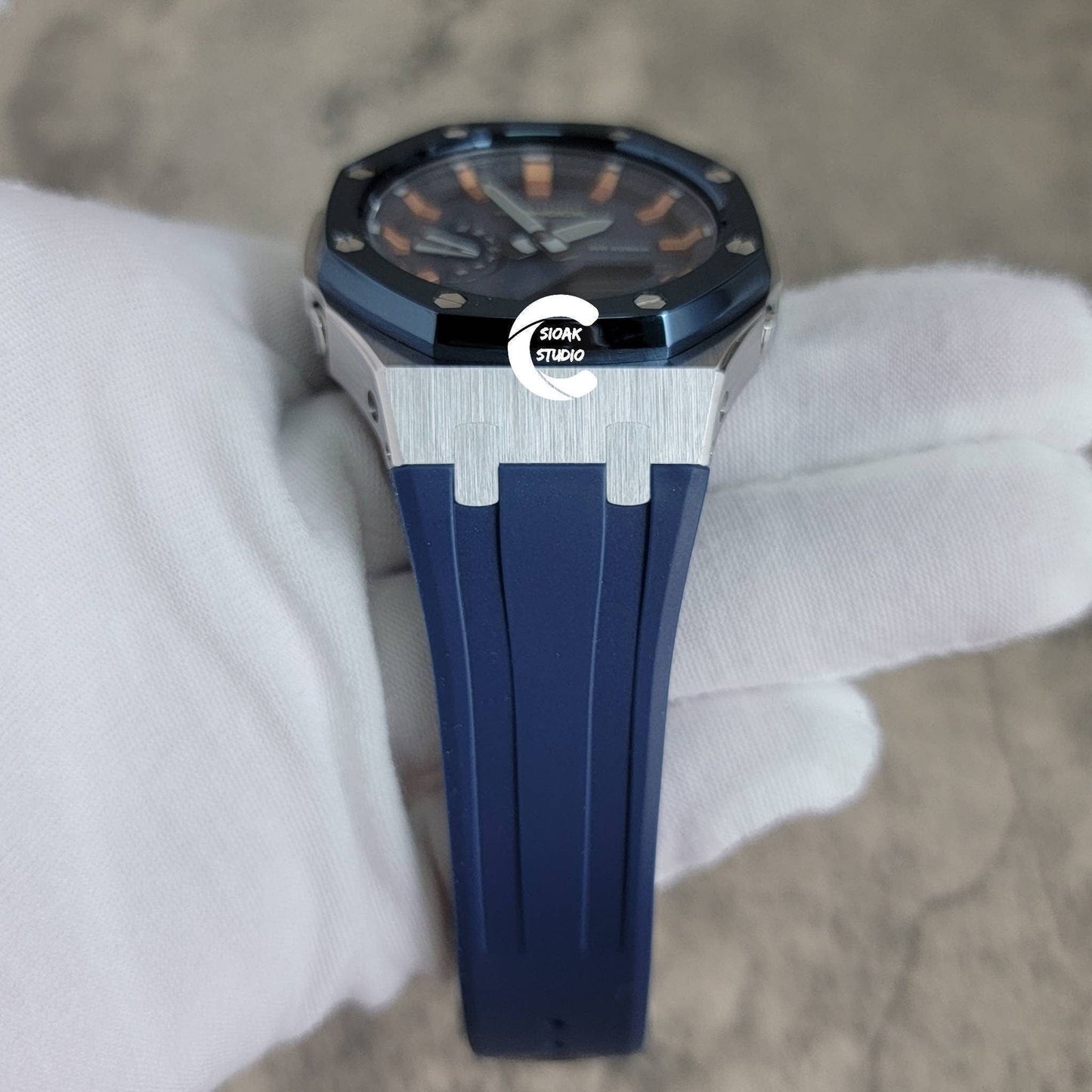 Casioak Mod Watch Blue Silver Case Blue Rubber Strap Blue Rose Gold Time Mark Blue Dial 44mm - Casioak Studio