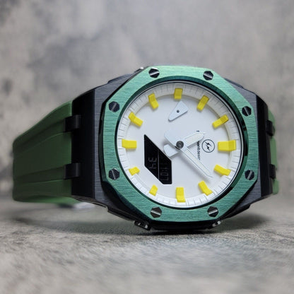 Casioak Mod Watch Offshore Superior Black Case Green Rubber Strap White Yellow Time Mark White Dial 44mm - Casioak Studio