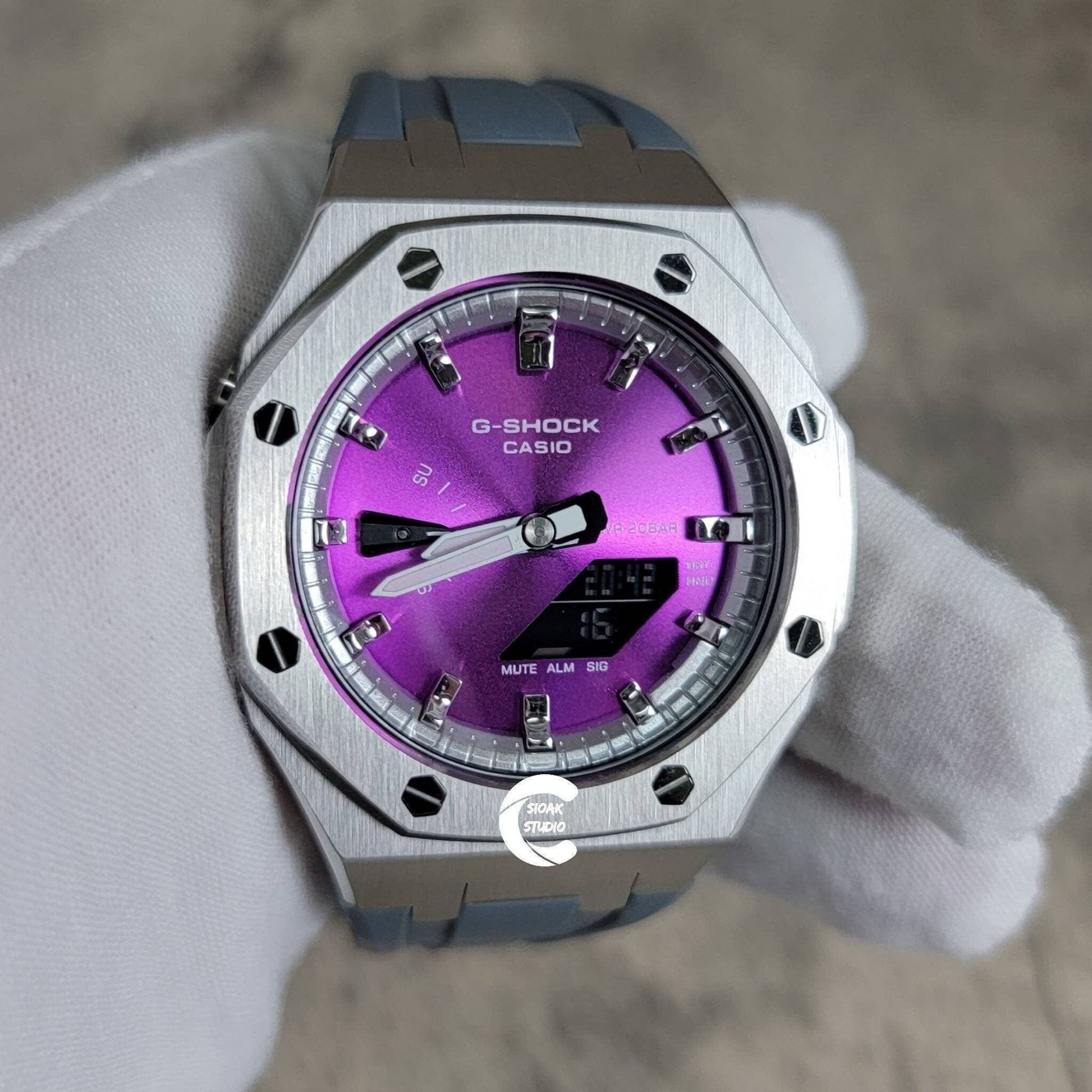 Casioak Mod Watch Silver Case Gray Rubber Strap Silver Time Mark Purple Dial 44mm - Casioak Studio