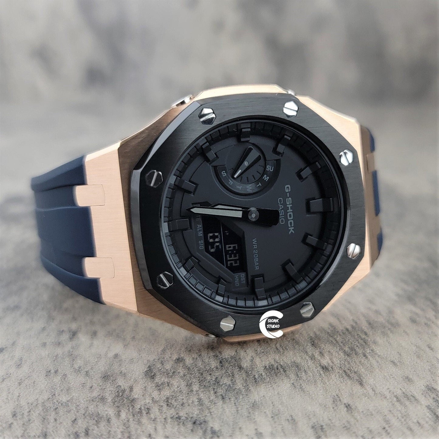 Casioak Mod Watch Blavk Rose Gold Case Blue Rubber Strap Black Time Mark Black Dial 44mm - Casioak Studio