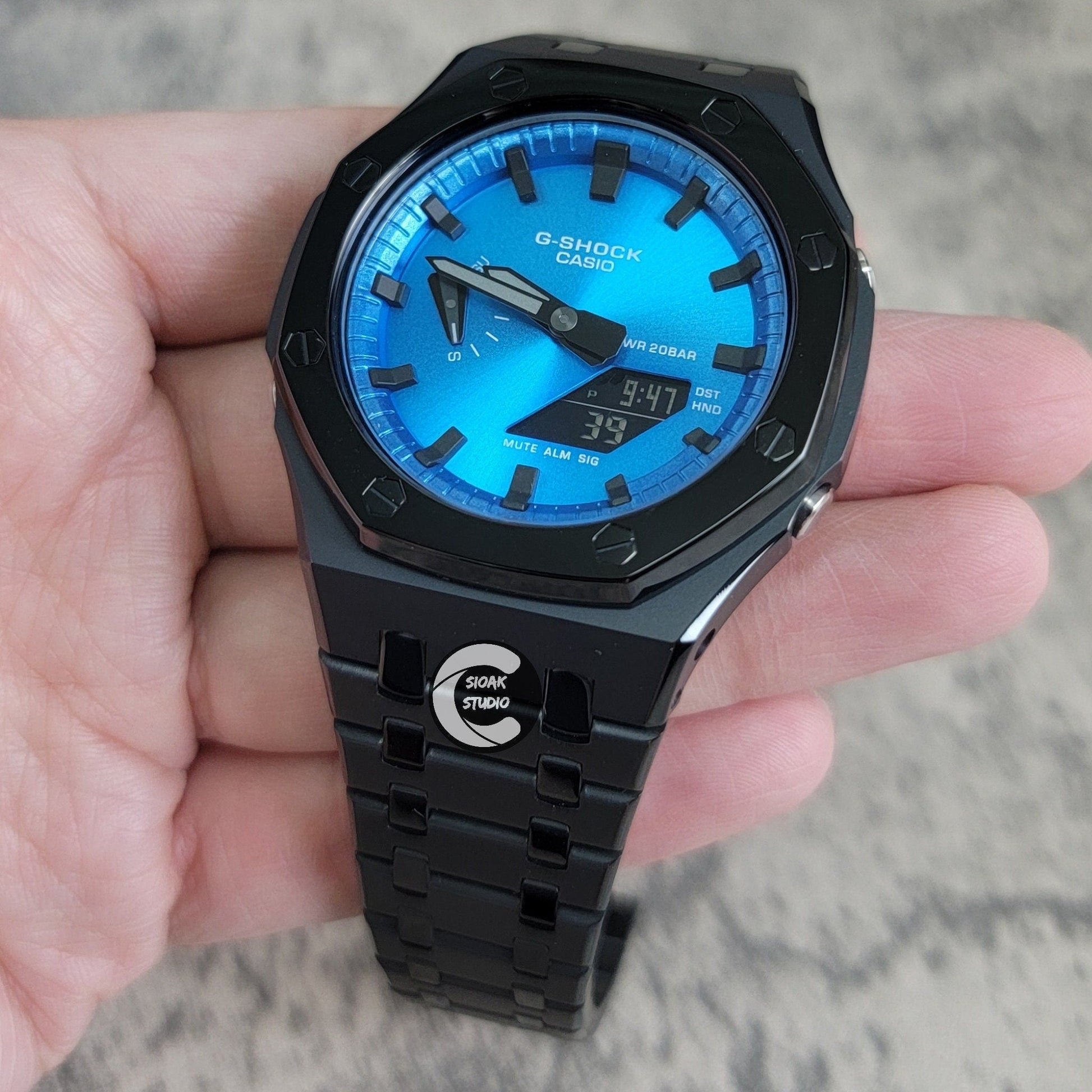 Casioak Mod Watch Polished Black Case Metal Strap Blue Black Time Mark Blue Metallic Dial 44mm - Casioak Studio