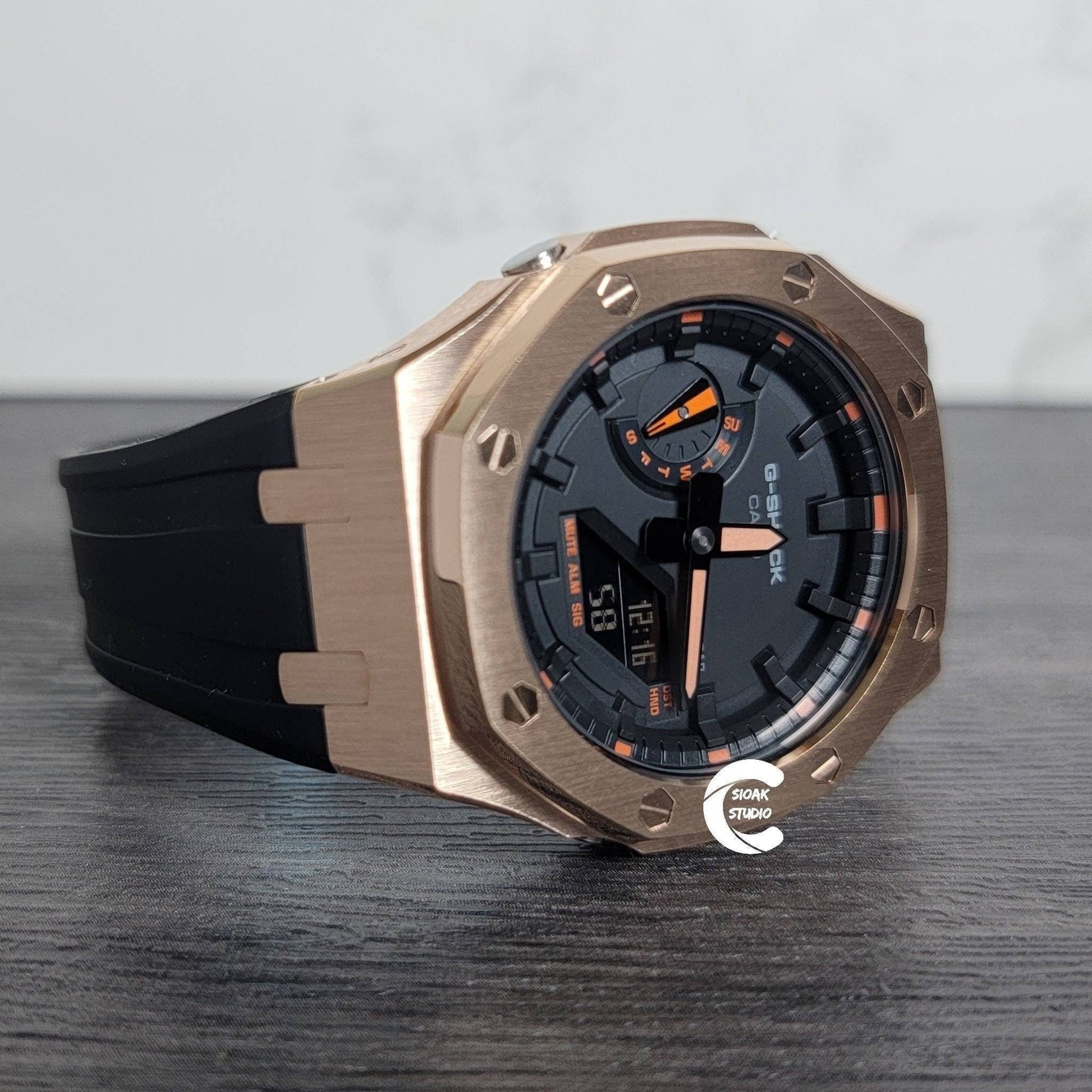 Casioak Mod Watch Rose Gold Case Black Rubber Strap Black Time Mark Black Dial 44mm - Casioak Studio