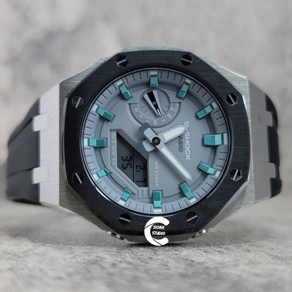 Casioak Mod Watch Black Silver Case Black Rubber Strap Light Gray Turquoise Time Mark Gray Dial 44mm - Casioak Studio