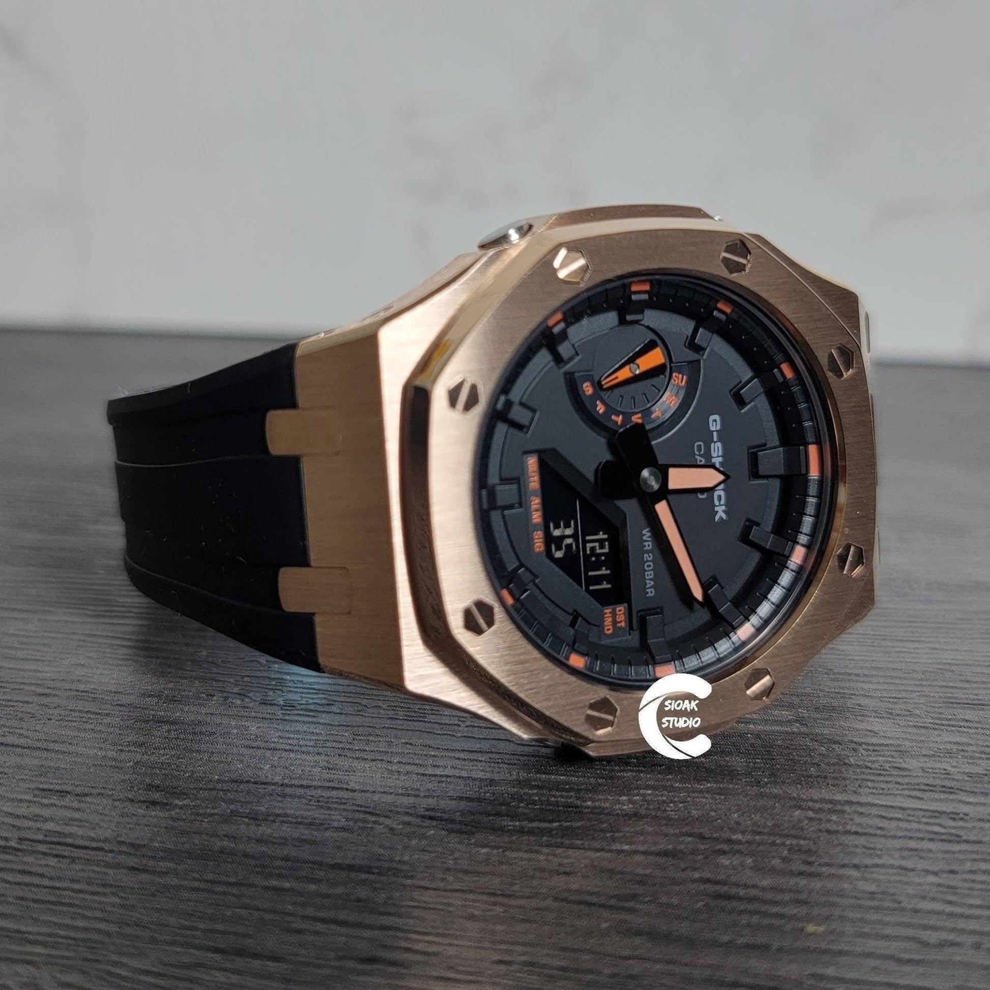 Casioak Mod Watch Rose Gold Case Black Rubber Strap Black Time Mark Black Dial 44mm - Casioak Studio