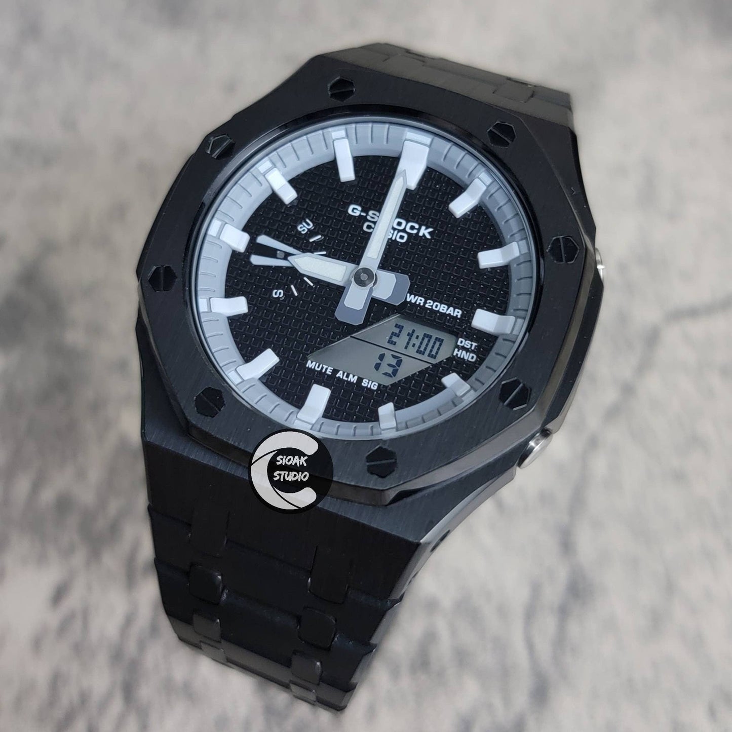 Casioak Mod Watch Black Case Metal Strap Gray White Time Mark Black Waffle Dial 44mm - Casioak Studio