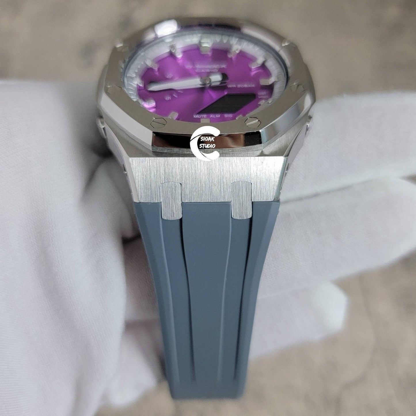 Casioak Mod Watch Silver Case Gray Rubber Strap Silver Time Mark Purple Dial 44mm - Casioak Studio