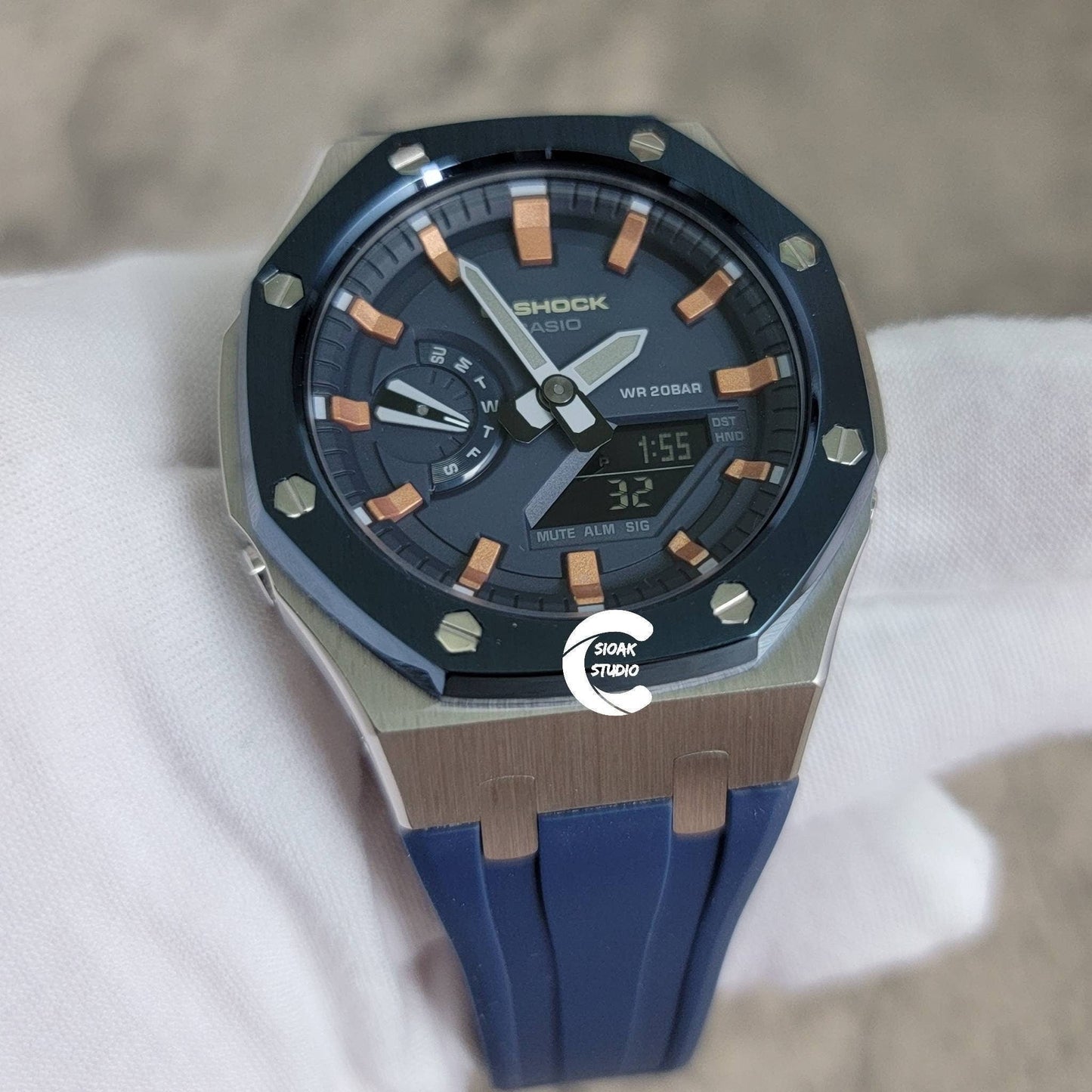 Casioak Mod Watch Blue Silver Case Blue Rubber Strap Blue Rose Gold Time Mark Blue Dial 44mm - Casioak Studio