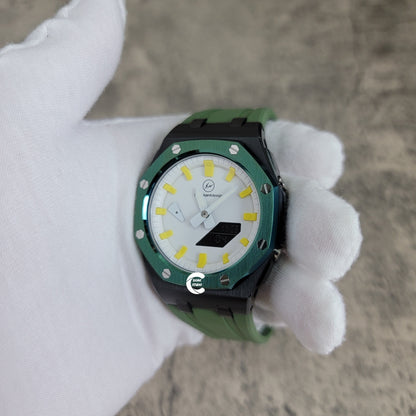 Casioak Mod Watch Offshore Superior Black Case Green Rubber Strap White Yellow Time Mark White Dial 44mm - Casioak Studio