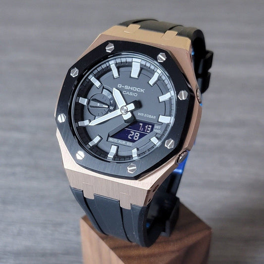 Casioak Mod Watch Black Rose Gold Case Black Rubber Strap Black Light Gray Time Mark Black Dial 44mm - Casioak Studio