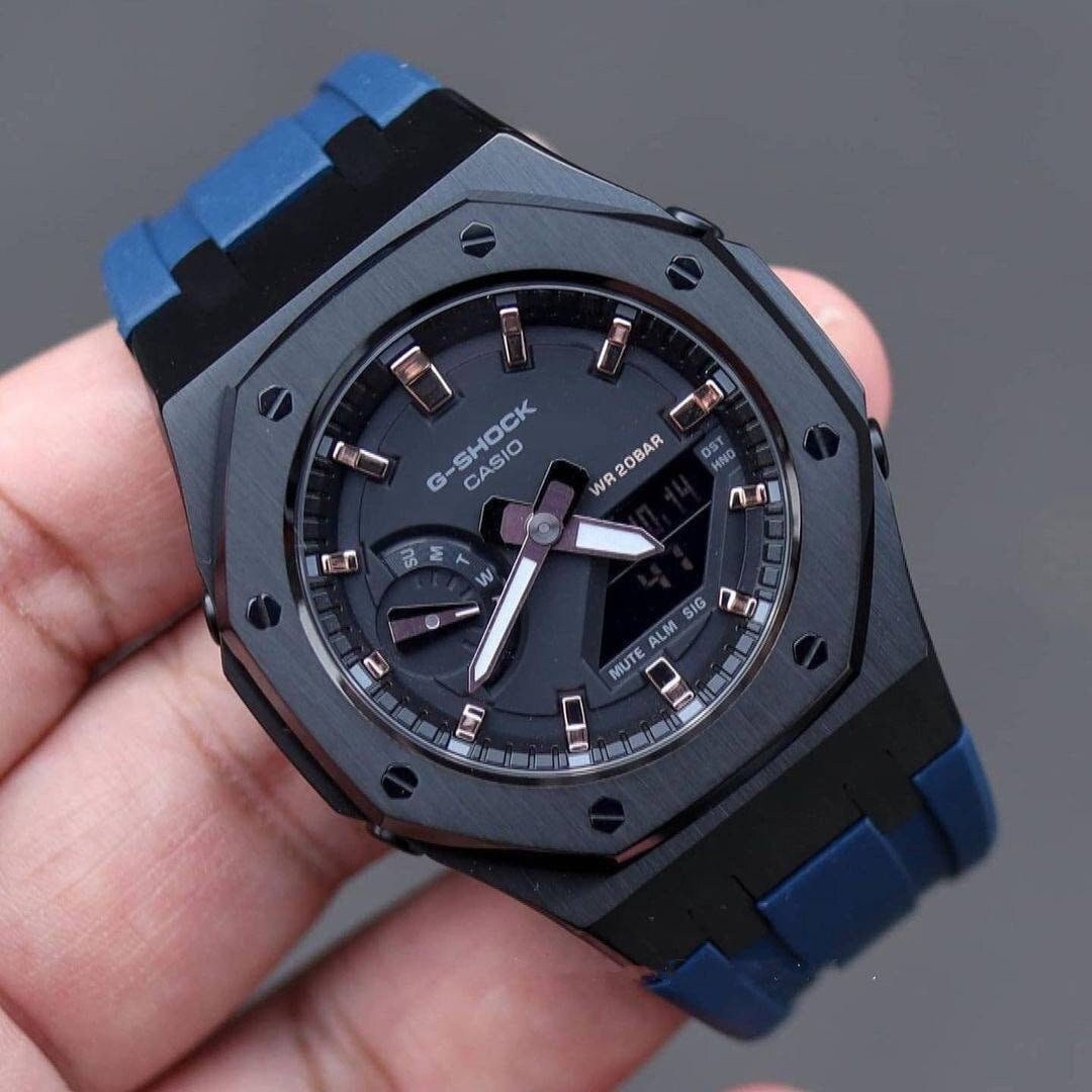 Casioak Mod Watch Black Case Blue Rubber Strap Black Rose Gold Time Mark Black Dial 42mm - Casioak Studio