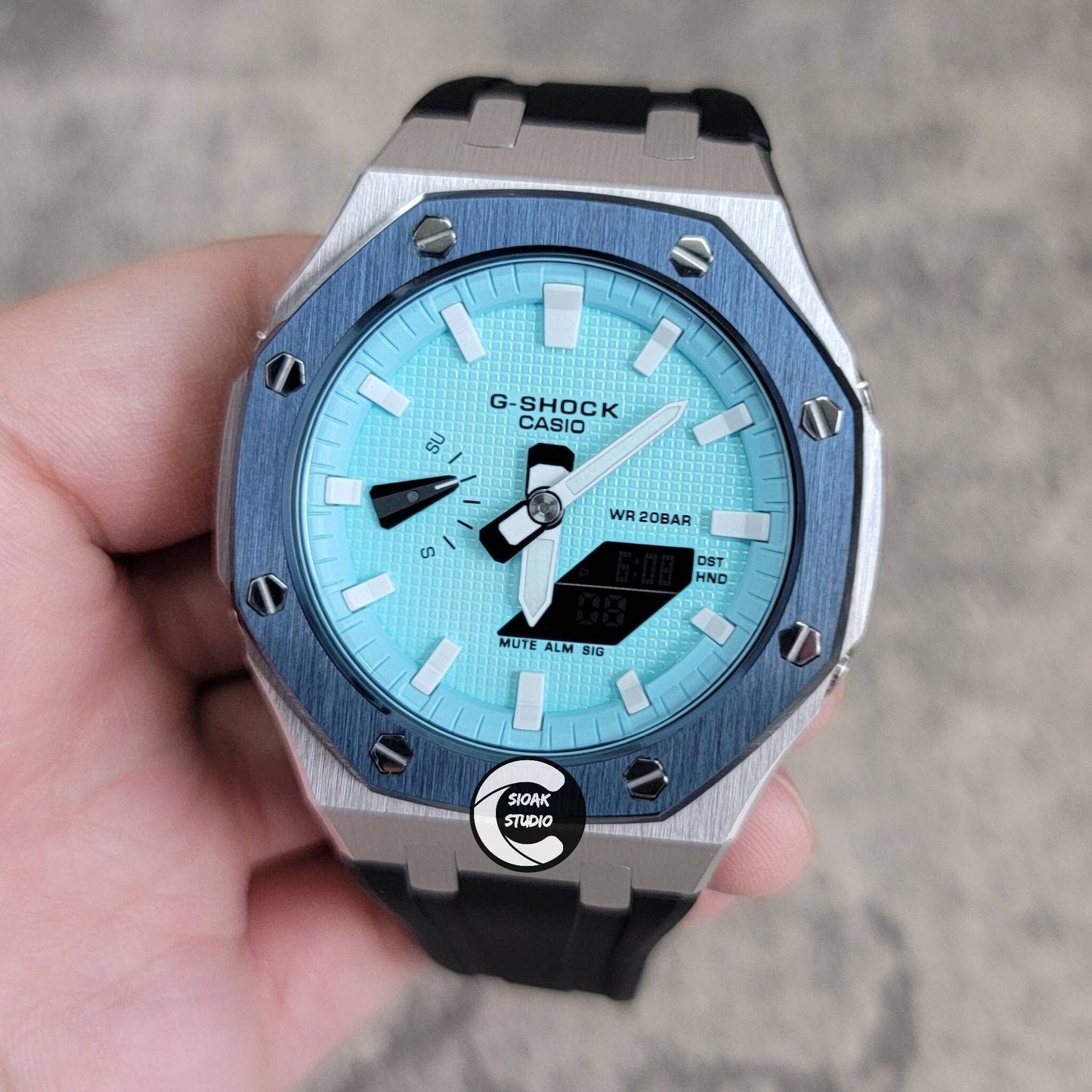 Casioak Mod Watch Blue Silver Case Black Rubber Strap Tiffany White Time Mark Tiffany Blue Dial 44mm - Casioak Studio