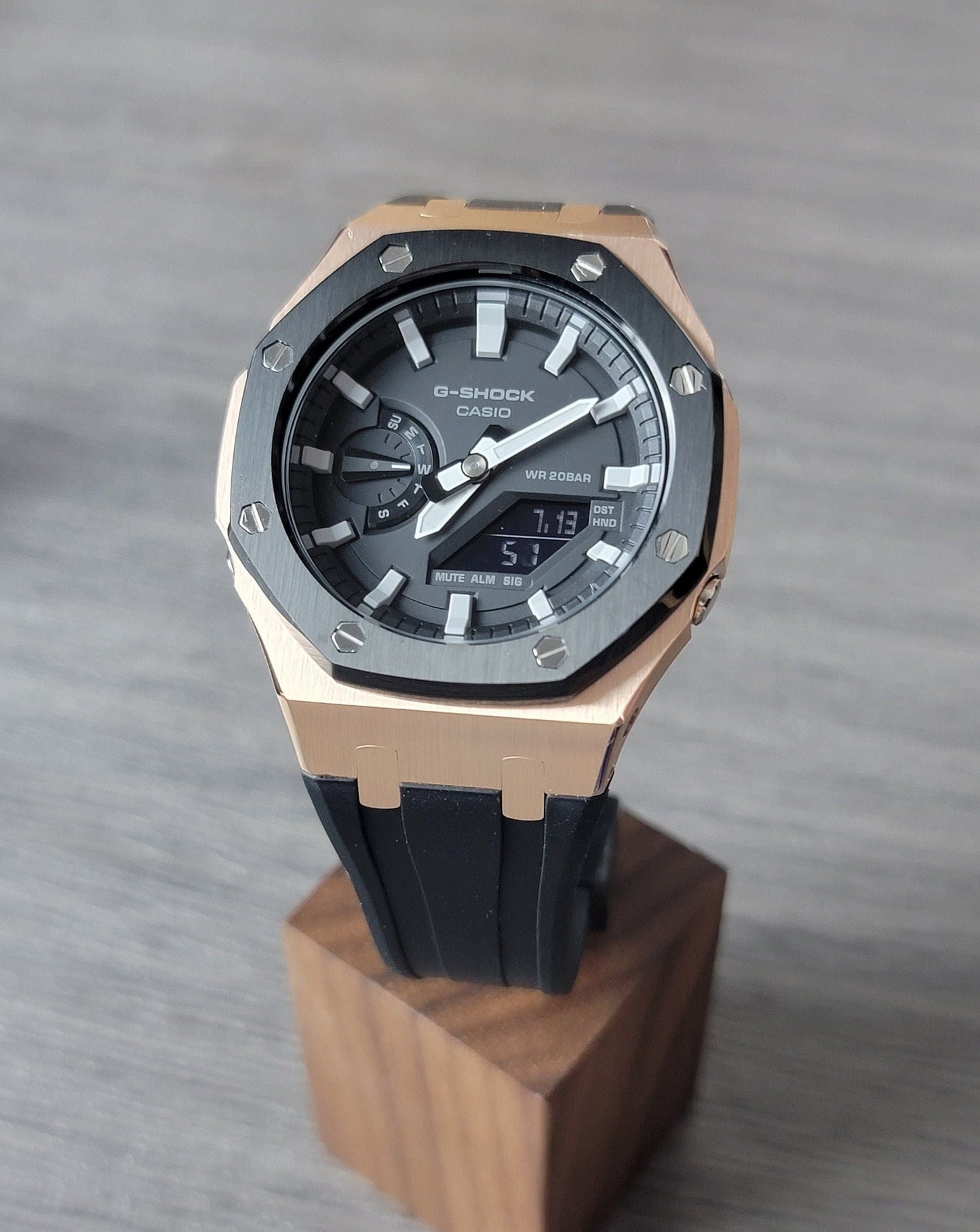 Casioak Mod Watch Black Rose Gold Case Black Rubber Strap Black Light Gray Time Mark Black Dial 44mm - Casioak Studio