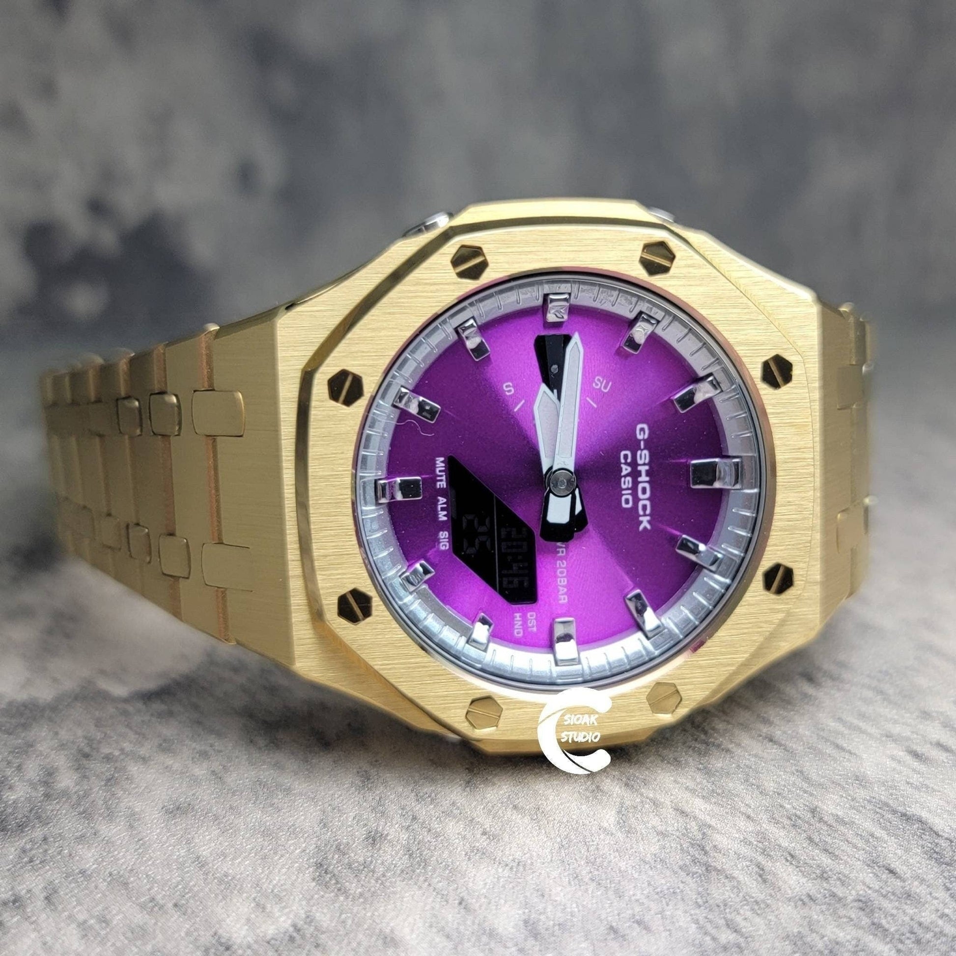 Casioak Mod Watch Gold Case Metal Strap Silver Time Mark Purple Dial 44mm - Casioak Studio