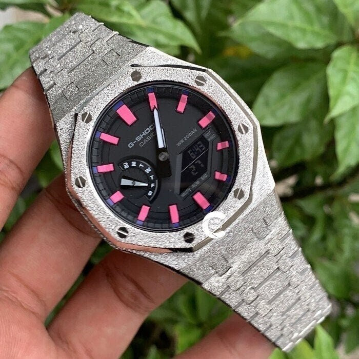 Casioak Mod Watch Frosted Silver Case Metal Strap Black Pink Time Mark Black Dial 44mm - Casioak Studio