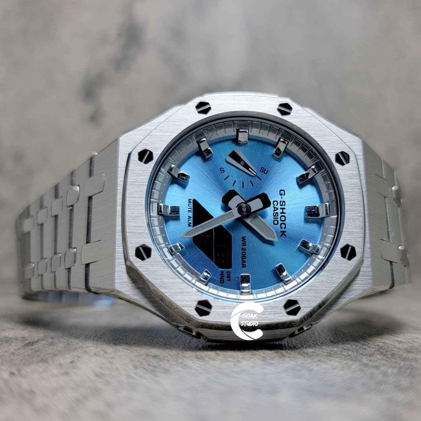 Casioak Mod Watch Silver Case Metal Strap Silver Time Mark Ice  Blue Dial 44mm - Casioak Studio