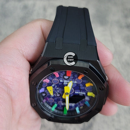 Casioak Mod Watch Black Case Black Rubber Strap Black Rainbow Time Mark Takashi Murakami Dial 44mm - Casioak Studio