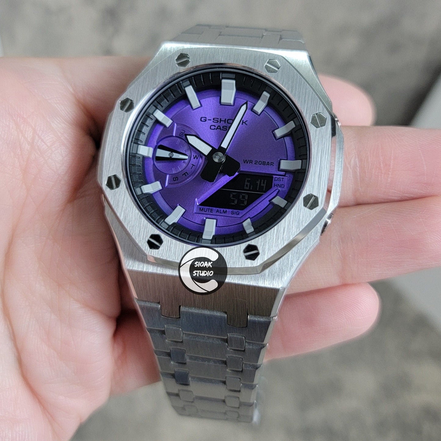 Casioak Mod Watch Silver Case Metal Strap Black Light Grey Time Mark Purple Dial 44mm - Casioak Studio