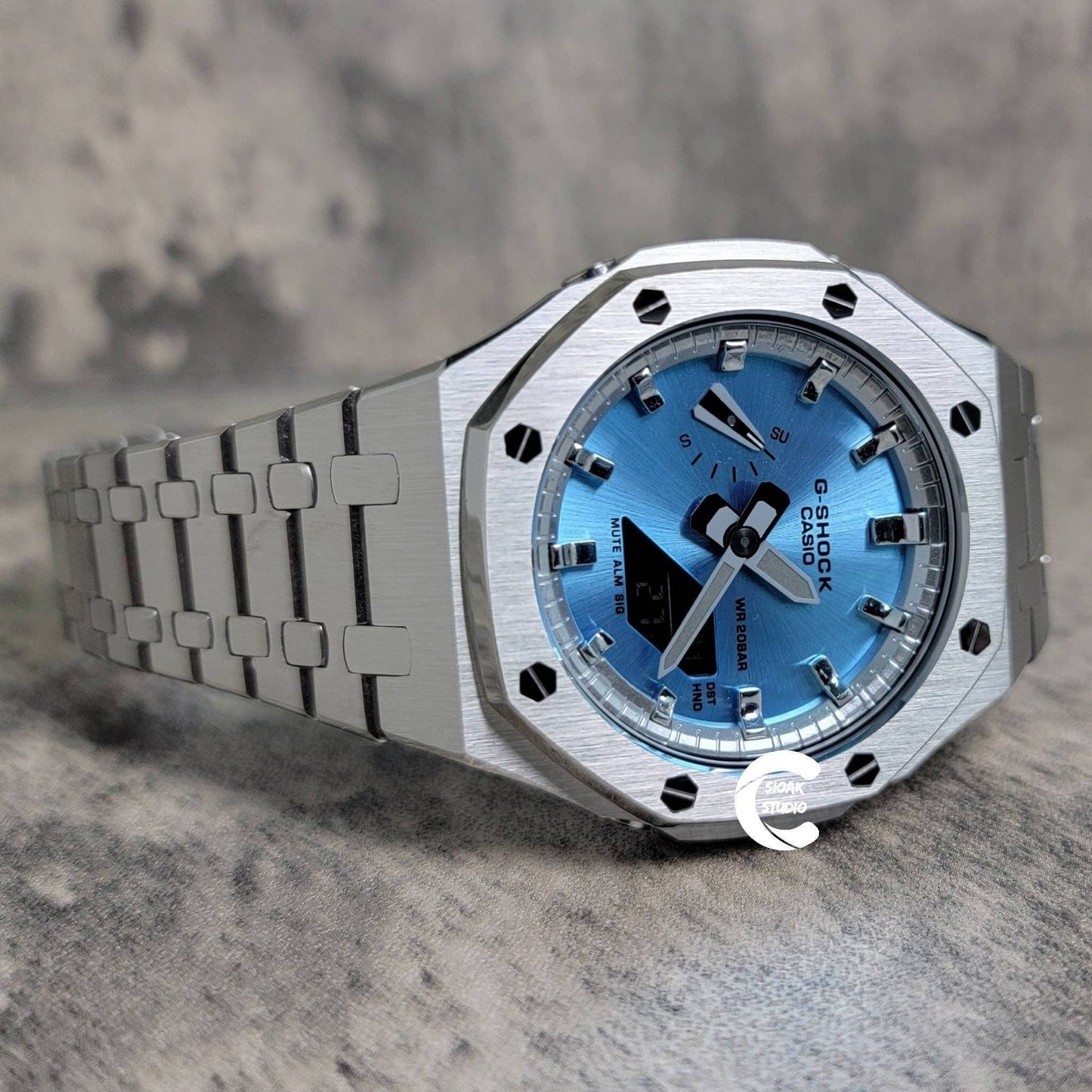 Casioak Mod Watch Silver Case Metal Strap Silver Time Mark Ice  Blue Dial 44mm - Casioak Studio