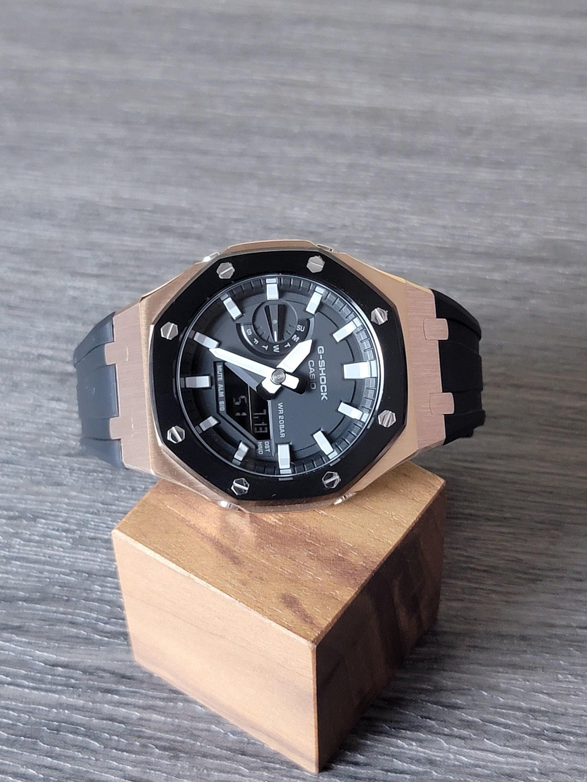 Casioak Mod Watch Black Rose Gold Case Black Rubber Strap Black Light Gray Time Mark Black Dial 44mm - Casioak Studio