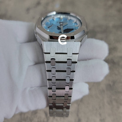 Casioak Mod Watch Silver Case Metal Strap Silver Time Mark Ice  Blue Dial 44mm - Casioak Studio