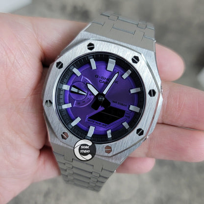 Casioak Mod Watch Silver Case Metal Strap Black Light Grey Time Mark Purple Dial 44mm - Casioak Studio