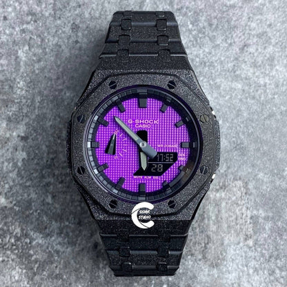 Casioak Mod Watch Frosted Black Case Metal Strap Black Time Mark Purple Dial 44mm - Casioak Studio