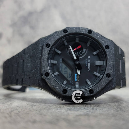 Casioak Mod Watch Solar Bluetooth Frosted Black Case Metal Strap Black Gray Time Mark Black Dial 44mm - Casioak Studio