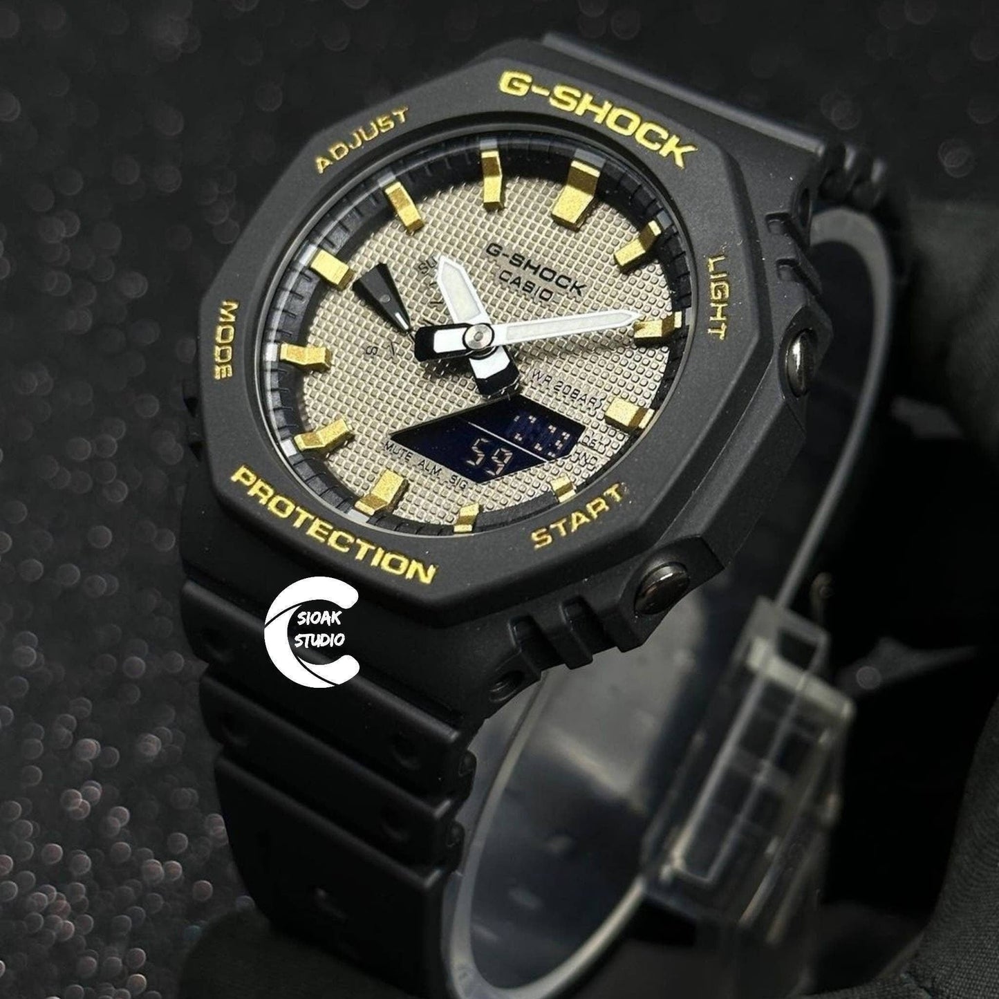 Casioak Mod Watch Black Plastic Case Black Strap Black Gold Time Mark Gray Dial 44mm - Casioak Studio