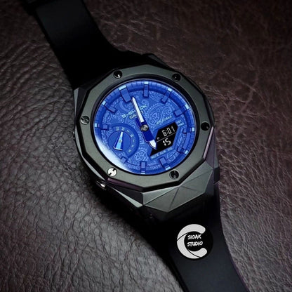 Casioak Mod Watch Hb Black Case Black Strap Blue Time Mark Blue Dial 44mm      Boyfriend Him - Casioak Studio