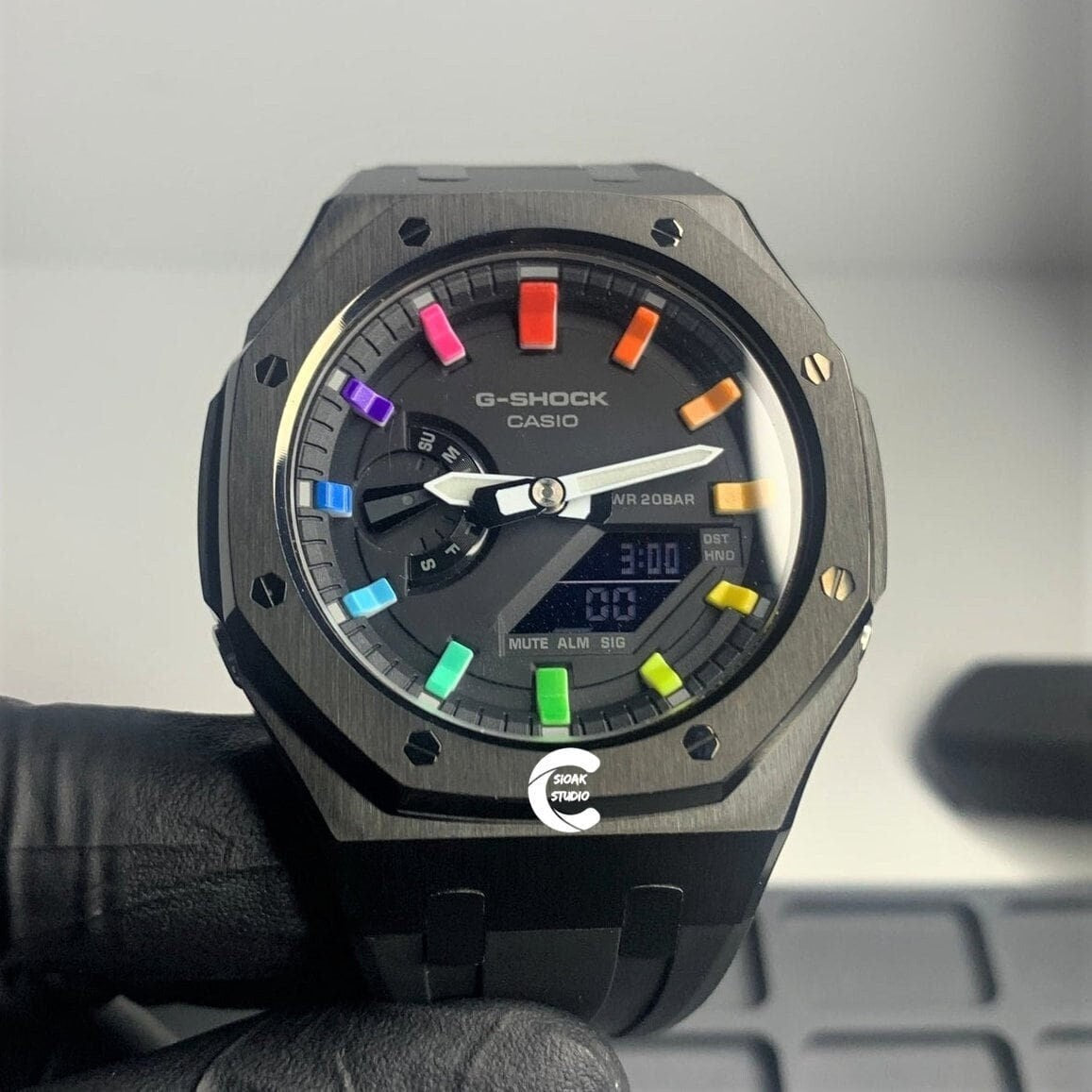 Casioak Mod Watch Black Case Black Rubber Strap Black Rainbow Time Mark Black Dial 44mm - Casioak Studio