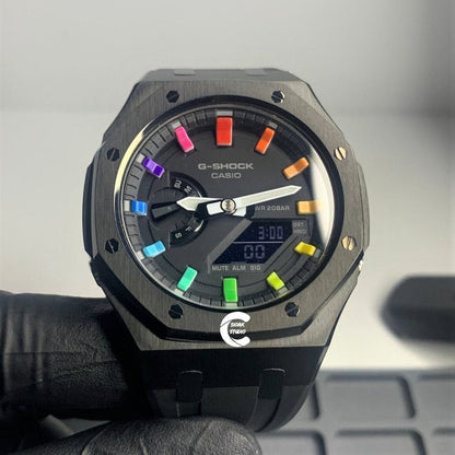 Casioak Mod Watch Black Case Black Rubber Strap Black Rainbow Time Mark Black Dial 44mm - Casioak Studio