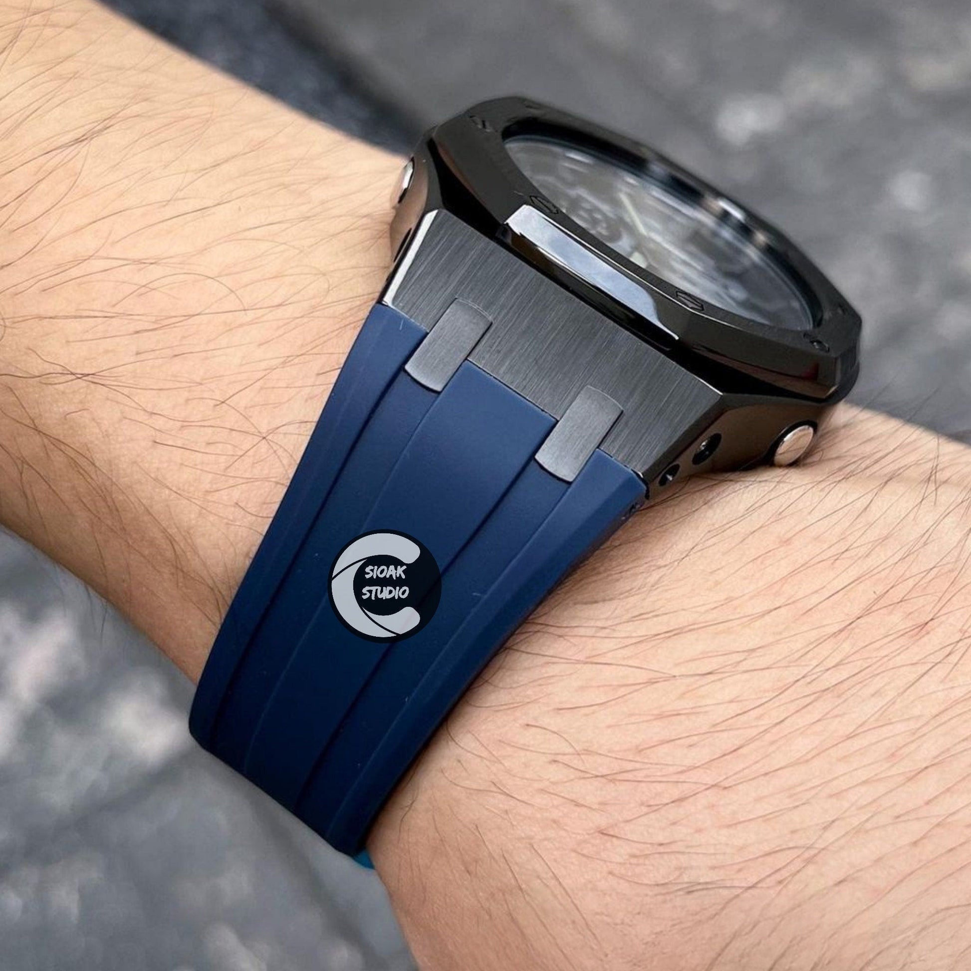 Casioak Mod Watch Black Case Blue Rubber Strap Black Time Mark Camouflage Dial 44mm - Casioak Studio