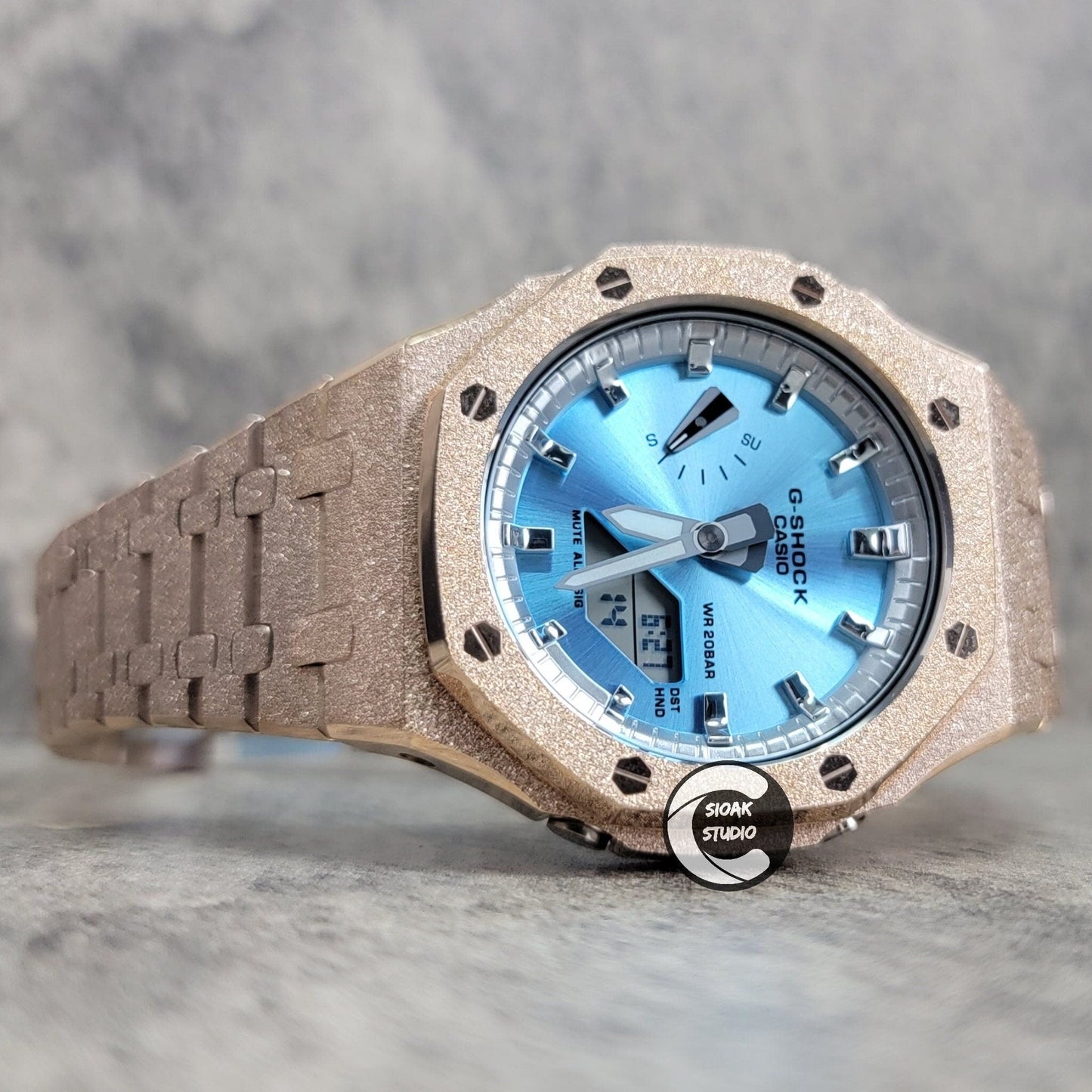 Casioak Mod Watch Frosted Rosegold Case Metal Strap Silver Time Mark Metallic Blue  Dial 44mm    Gift - Casioak Studio