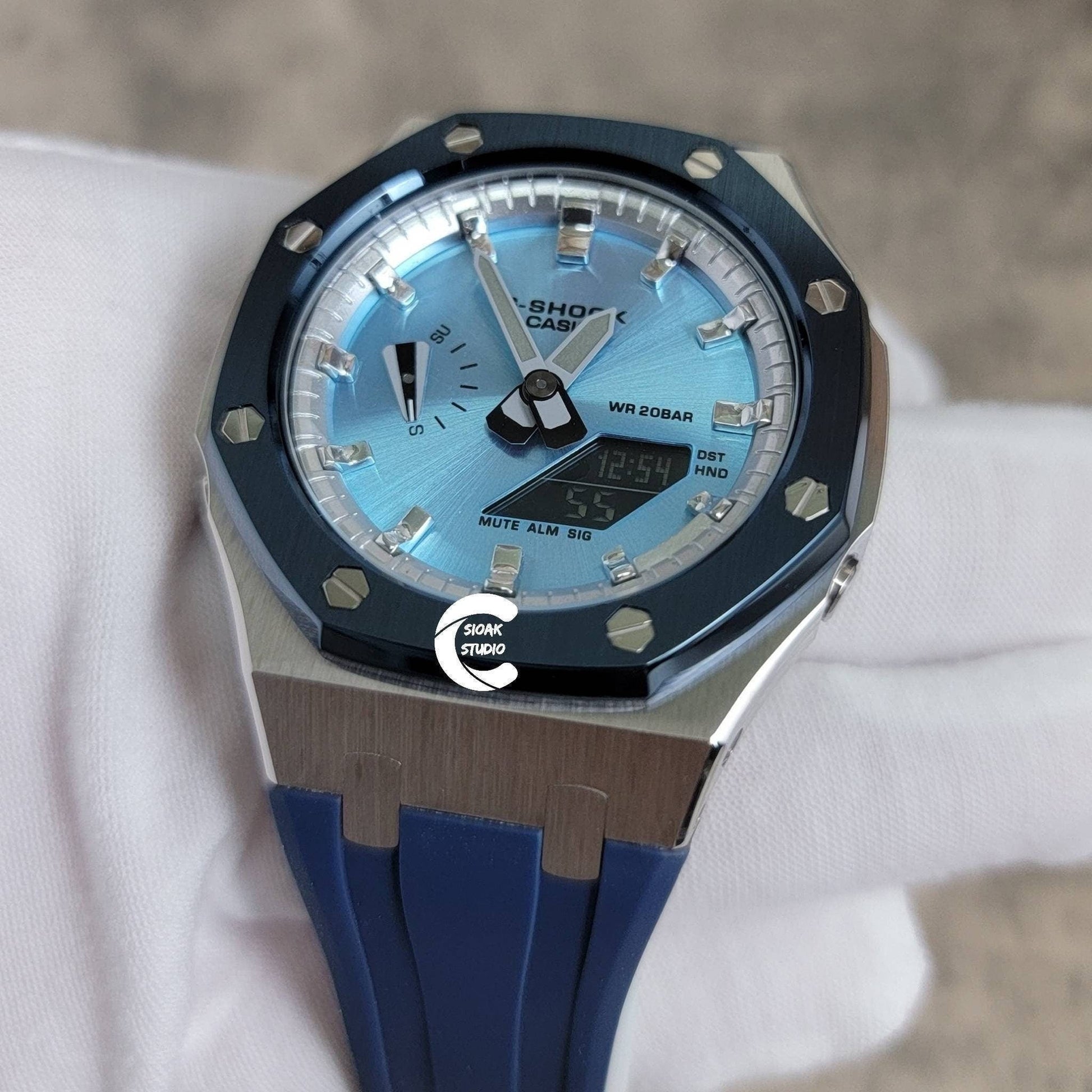 Casioak Mod Watch Blue Silver Case Blue Rubber Strap Silver Time Mark Ice  Blue Dial 44mm - Casioak Studio