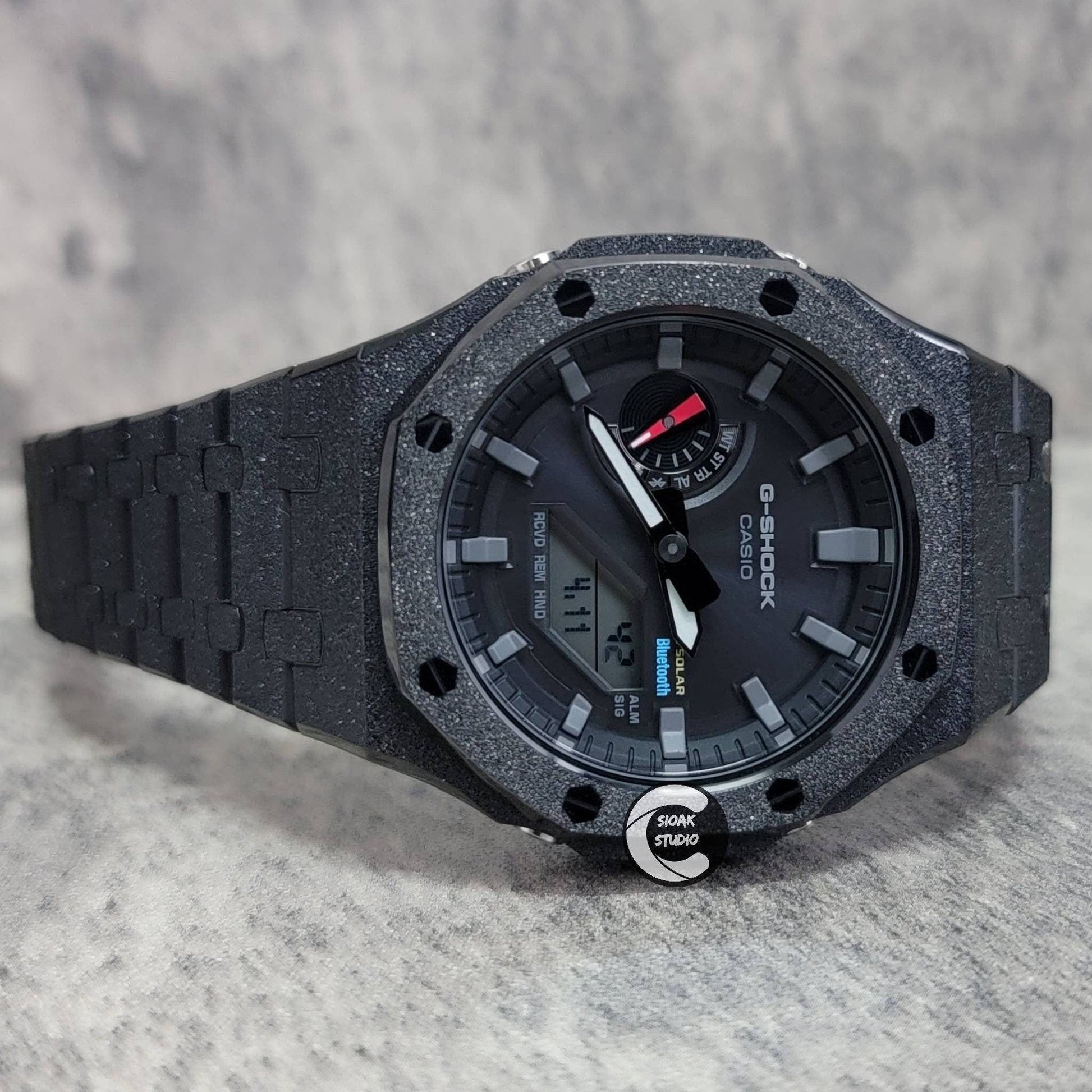 Casioak Mod Watch Solar Bluetooth Frosted Black Case Metal Strap Black Gray Time Mark Black Dial 44mm - Casioak Studio