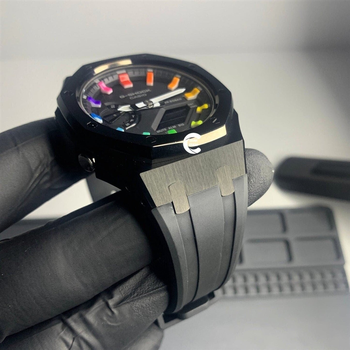 Casioak Mod Watch Black Case Black Rubber Strap Black Rainbow Time Mark Black Dial 44mm - Casioak Studio