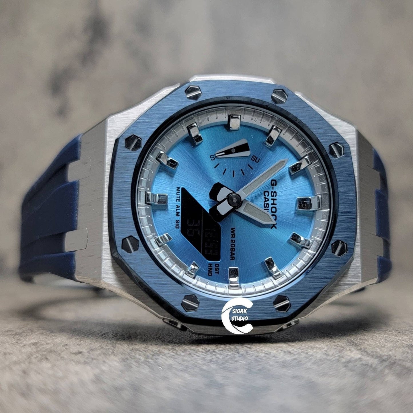 Casioak Mod Watch Blue Silver Case Blue Rubber Strap Silver Time Mark Ice  Blue Dial 44mm - Casioak Studio