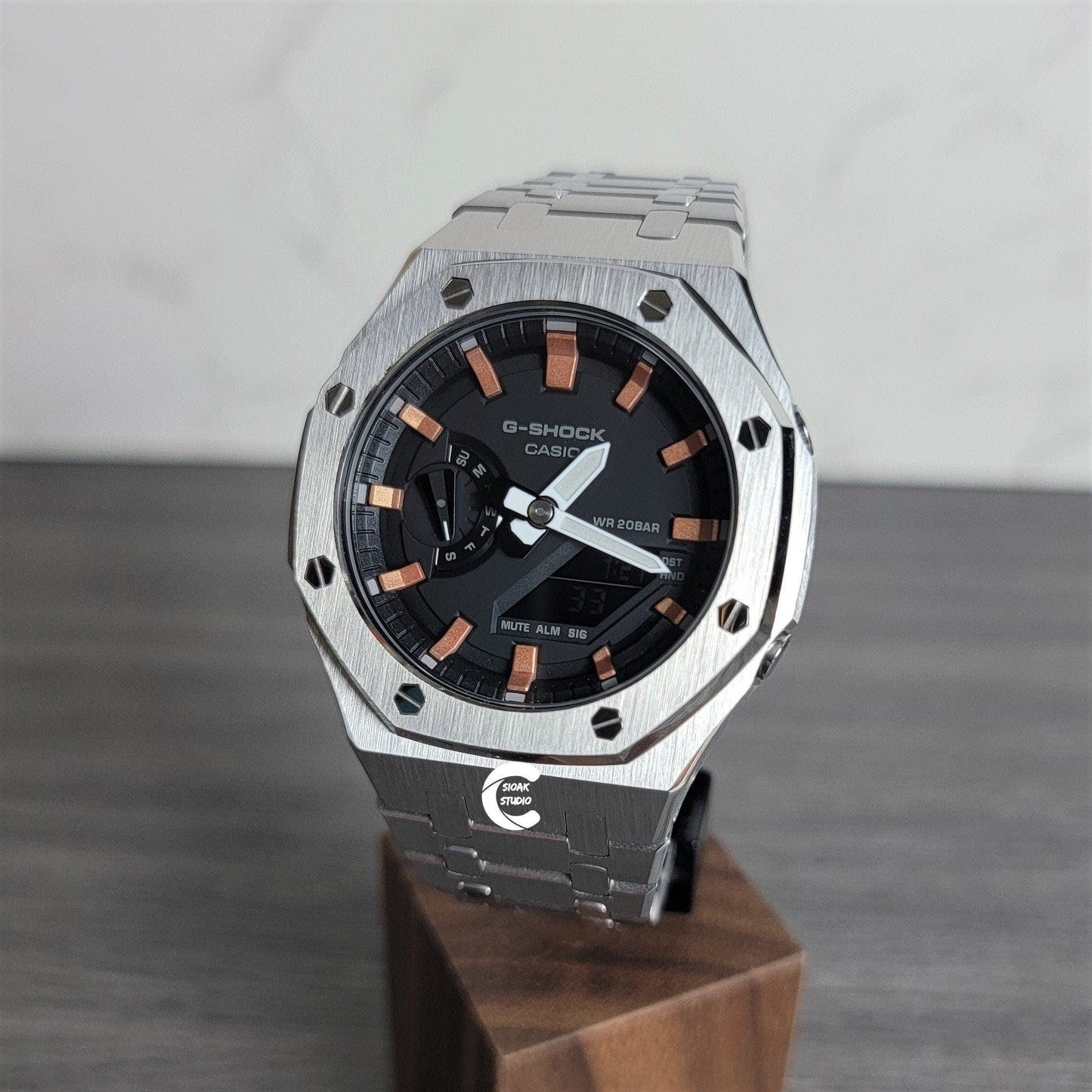 Casioak Mod Watch Silver Case Metal Strap Blacj Rose Gold Time Mark Black Dial 44mm - Casioak Studio